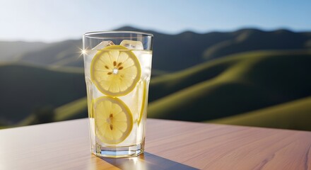 Homemade Lemon Water with Ice and Fresh Lemon on Table