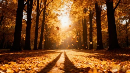 Golden Autumn Leaves on Trees with Warm Sunlight - Cozy Wallpaper Illustration Design
