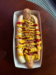 Vegan sausage hot dog with ketchup and mustard. Street food concept, handmade phone photo, selective focus, no AI