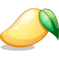 Glossy Yellow Mango With Two Green Leaves On A White Background With Soft Shadows