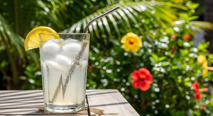 Cold Lemonade with Ice Cubes and Rosemary Outdoors