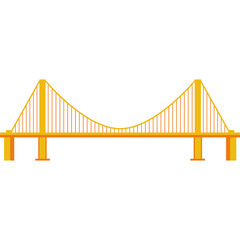 Golden Suspension Bridge Structure With Orange Cables And Yellow Towers On White Background Flat Graphic Design