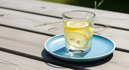 Cold Lemonade with Ice Cubes and Rosemary Outdoors