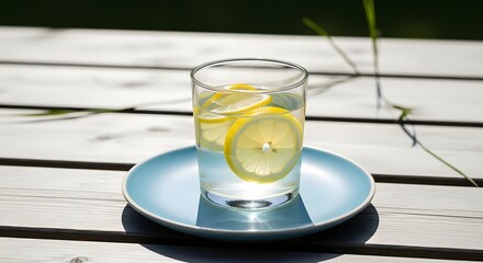 Cold Lemonade with Ice Cubes and Rosemary Outdoors