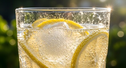 Refreshing Lemon Drink with Ice and Fresh Herbs on Sunny Day