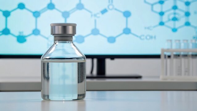 A glass vial with clear liquid sits on a table, with a scientific background featuring molecular structures displayed on a screen.