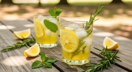 Refreshing Lemon Drink with Ice and Fresh Herbs on Sunny Day