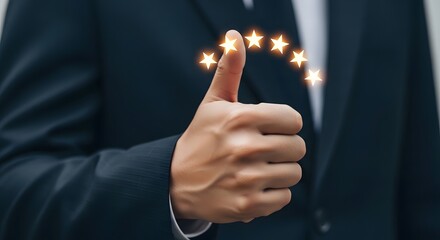 Thumbs up gesture with glowing stars for excellent rating