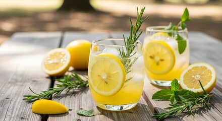 Refreshing Lemon Drink with Ice and Fresh Herbs on Sunny Day