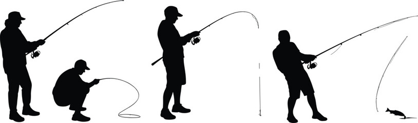 Fototapeta premium Silhouette fishermen practicing sport fishing with fishing rods, outdoor angling hobby poses, catching fish illustration for recreation, lifestyle, activity, entertainment