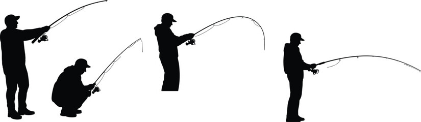 Silhouette fishermen casting fishing rods outdoors, sport angling hobby positions, recreational fishing activity illustration, outdoor lifestyle scene, 
