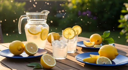 Refreshing Lemon Drink with Ice and Fresh Herbs on Sunny Day