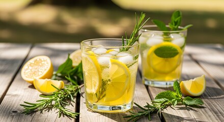 Refreshing Lemon Drink with Ice and Fresh Herbs on Sunny Day