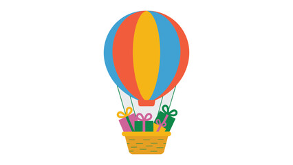 Balloon Ride with Gifts: An illustrative representation of a vibrant hot air balloon, elegantly carrying a basket brimming with colorful, wrapped gift boxes. A whimsical view of joy and celebration.