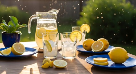Summer Lemon Drink with Ice and Fresh Herbs Outdoors