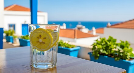 Summer Lemon Drink with Ice and Fresh Herbs Outdoors