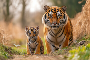 Fototapeta premium A majestic tiger and its cub, both with the text 