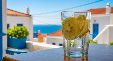Summer Lemon Drink with Ice and Fresh Herbs Outdoors