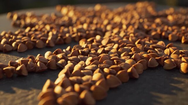 Buckwheat kernels arranged in a star shape on a textured slightly reflective surface under warm directional light