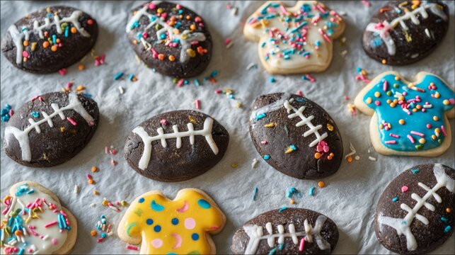 Themed cookies shaped like footballs and jerseys arranged on baking paper with colorful sprinkles for Super Bowl celebration and bakery advertisement
