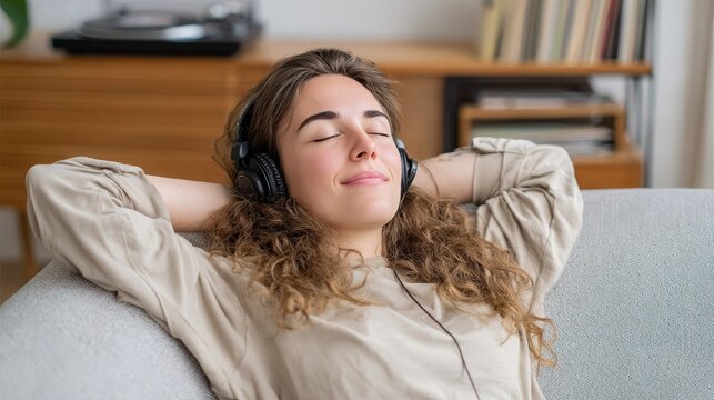 Young woman relaxing on a sofa with headphones, enjoying music in a cozy living room, embodying therapeutic laziness and modern self-care