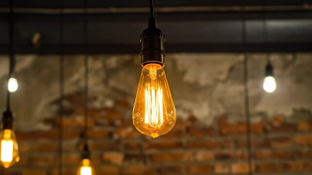 Glowing light bulb suspended with a warm ambiance against a brick wall background