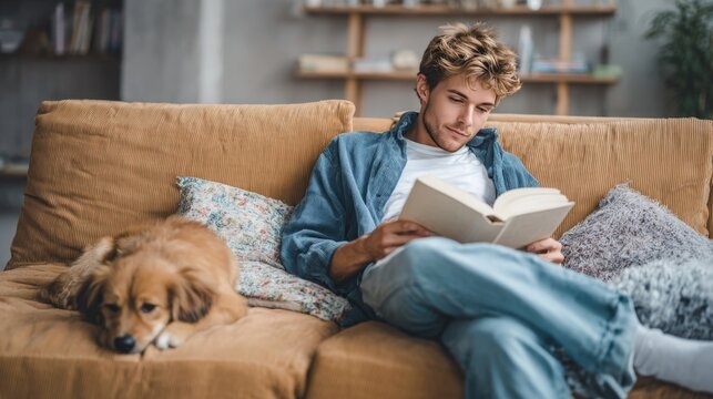 Young man reading a book on a cozy couch with a dog nearby, embodying therapeutic laziness and modern self-care practices for burnout recovery