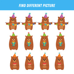 Find different bear in each row. Logical game for kids. Cartoon teddy bear in flat style. Vector

