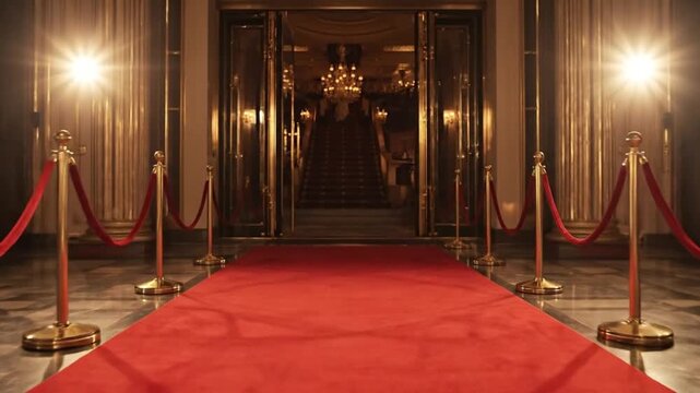 Glamorous Red Carpet Entrance with Golden Stanchions and Velvet Ropes Awaiting Guests at a Luxurious Event