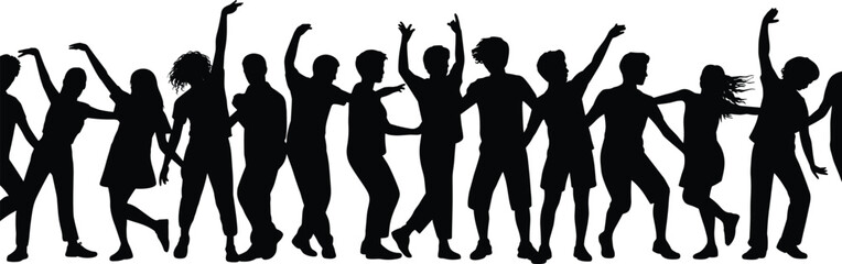 Silhouette vector illustration of dancing people celebrating party event, active crowd movement, festive dance group graphic design for creative decoration and branding