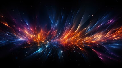 Vibrant explosion of colorful light with orange blue purple red yellow and pink hues resembling cosmic event on black background