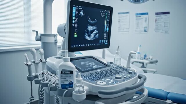 Modern ultrasound machine with a clear image of an organ displayed on its screen in a medical examination room.