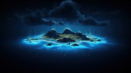 Digital landscape of an island with a black sky featuring floating islands and glowing blue water surrounding a central illuminated mountain range