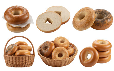 Various baked bagels with seeds isolated on a transparent background