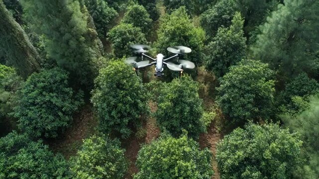 A medium shot of a drone flying over a lush grove capturing highresolution images to analyze tree health and growth patterns from above.