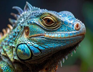 A close-up portrait of a lizard featuring intricate scales and vibrant blue, green, and yellow hues. The eye is focused