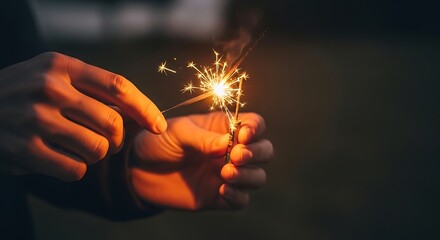 Close-up of a person holding a lit sparkler, with bright sparks flying in the darkness.
