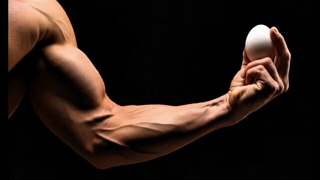 Gym athlete video, bodybuilder, holding an egg white in hand, exercise, health, black background
