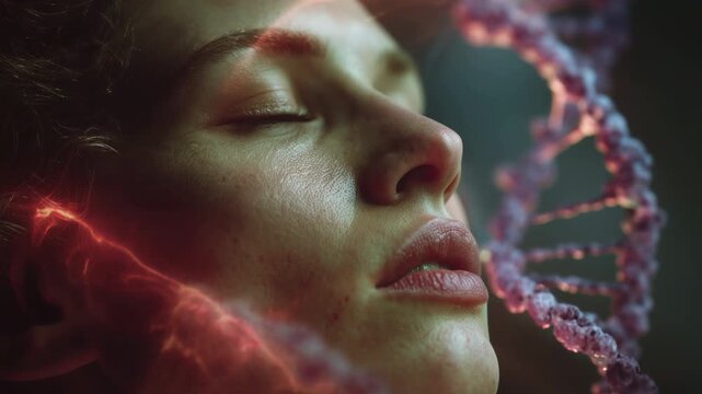 Symbolic representation of genetic research showing a woman's face closing her eyes next to a glowing, rotating dna strand, illustrating themes of human identity, science, and future technology