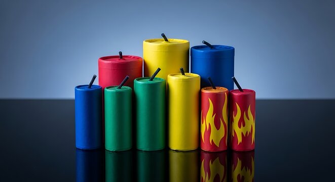 A collection of colorful firecrackers arranged in a pyramid formation against a blue gradient background.