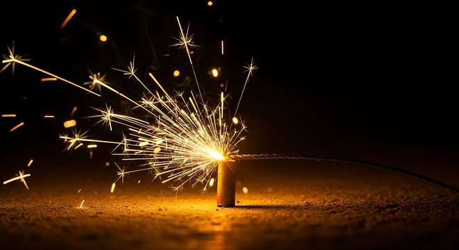 A close-up shot of a lit sparkler emitting a vibrant shower of golden sparks against a dark, blurred background, creating a festive and bright display.
