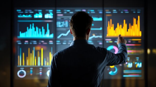 Business leader using analytics dashboard to assess growth progress