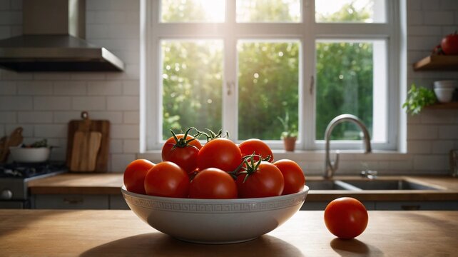 Fresh, vibrant red tomatoes in a white bowl on a wooden kitchen counter, illuminated by morning sunlight. - Powered by Adobe