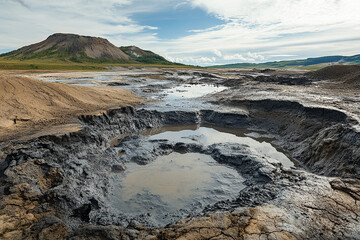 A series of bubbling mud pools in a geothermal valley