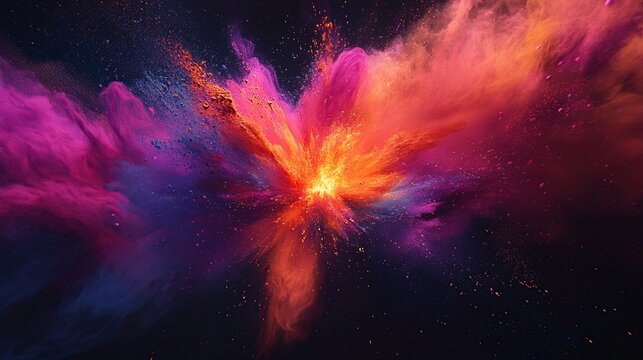 A vibrant explosion of colorful powder bursts forth in a dynamic, abstract display against a dark background, creating a stunning visual effect.