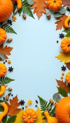 Fototapeta premium Light blue backdrop with a vertical border of vibrant fall leaves and pumpkins. Perfect for Thanksgiving Day banners, harvest-themed cards, or seasonal invitations with with copy space.