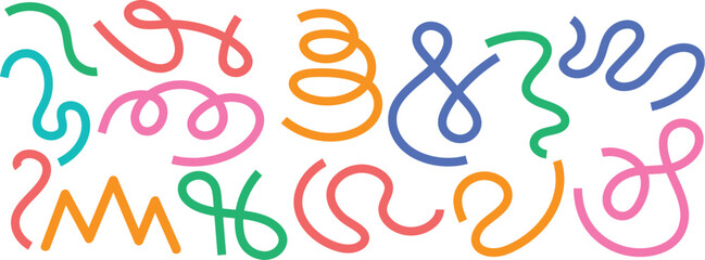 Colorful Abstract Squiggle Line Vector Set, Modern Curvy Minimal Art on White Background