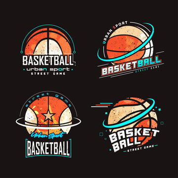 Set of modern basketball logos with bold typography and dynamic shapes. Designed in orange and black tones, perfect for sports branding, all-star tournaments, athletic teams, or basketball merchandise