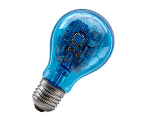 Innovative microchip with glowing bulb, Modern circuit design featuring vibrant blue illumination on transparent background