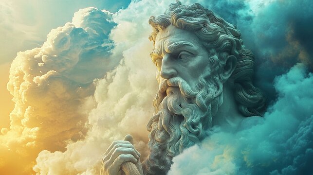 A majestic statue of Poseidon emerges from swirling clouds, blending classical sculpture with a dramatic, ethereal sky.